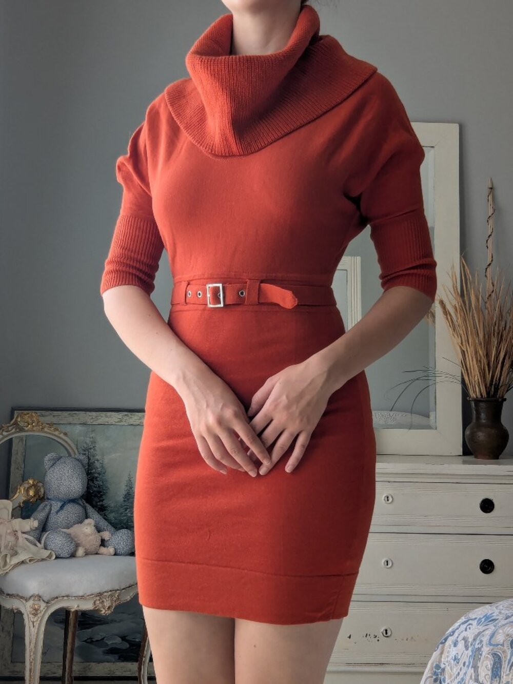 Karen Millen US 2 Cowl Neck Belted Half-Sleeve Persimmon Sweater Cocktail Dress